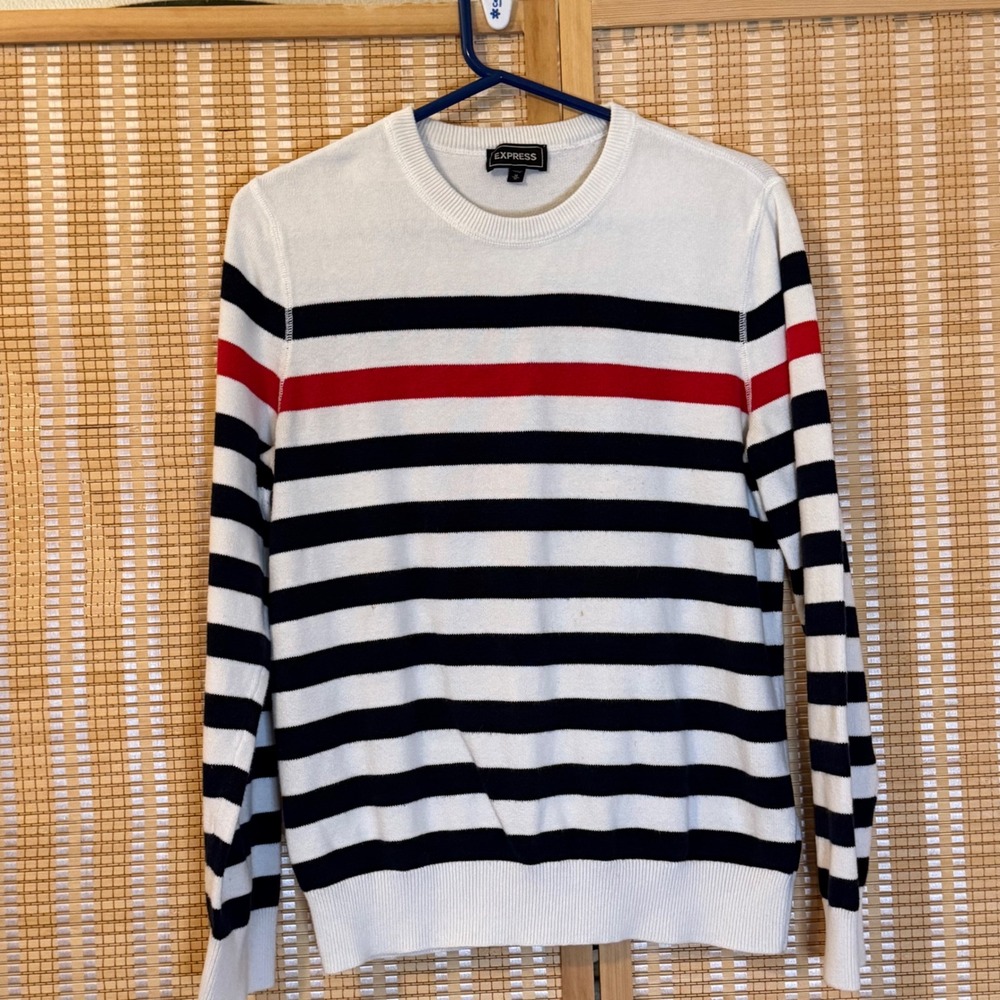 Express Womens Medium Striped Crewneck Sweater White Navy Blue Red Cotton Knit